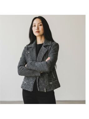 MAISON SCOTCH Wool Blend Boucle Moto Style Blazer Faux Leather Trim US Sz 2